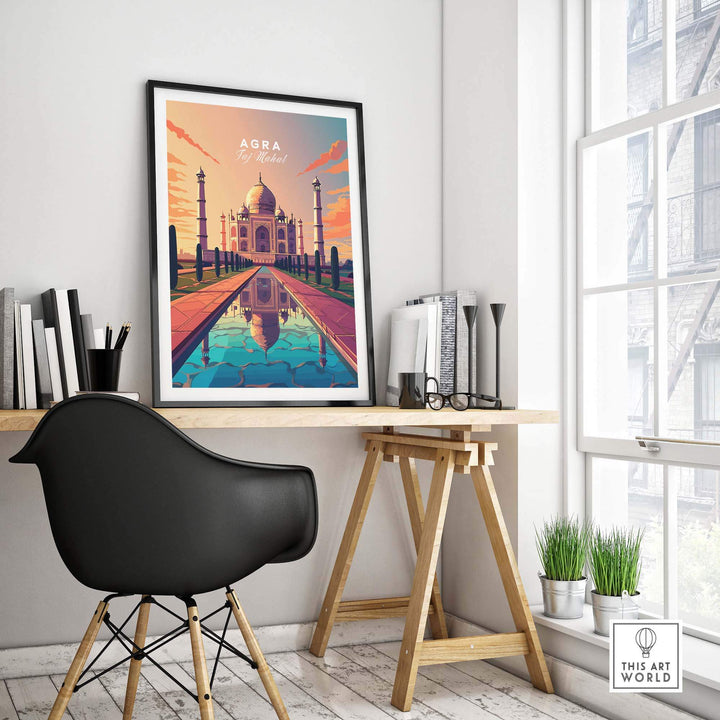 Vibrant Taj Mahal Agra wall art displayed in a stylish home office, adding a global charm to the decor.