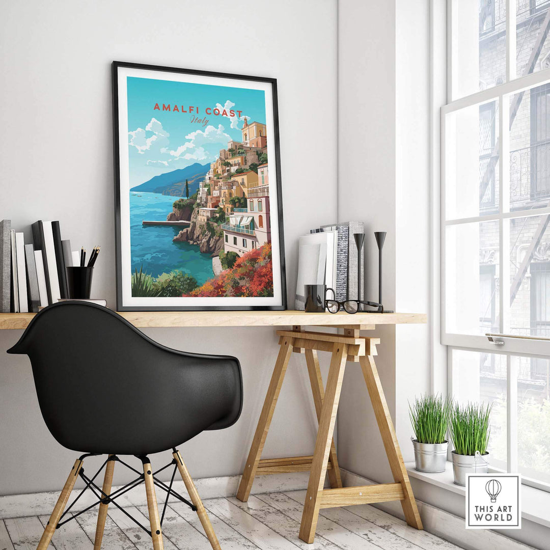 Amalfi Coast Travel Poster Print showcasing a vibrant landscape in a chic home office setting.