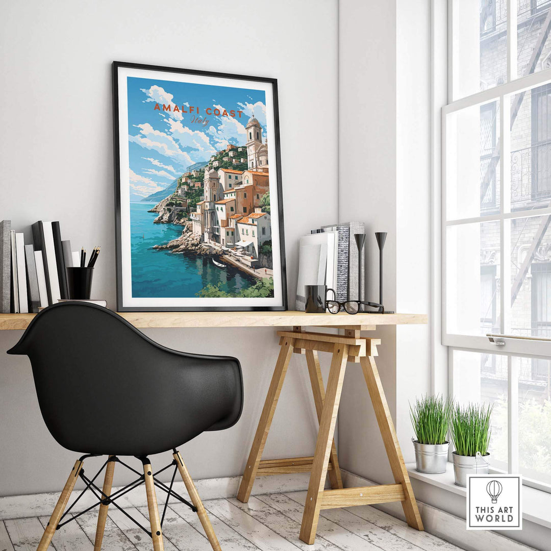 Amalfi Coast Italy travel poster in a modern interior setting, showcasing picturesque seaside views and pastel colors.