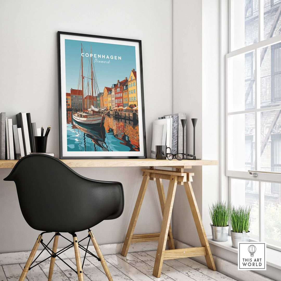 Copenhagen travel poster print displayed in a stylish home office with a black chair and wooden table.