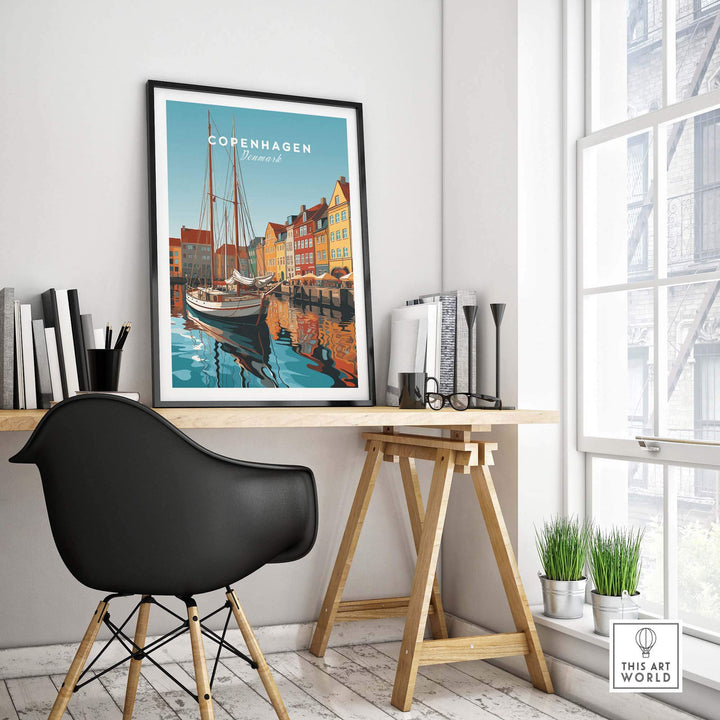 Copenhagen travel poster print displayed in a stylish home office with a black chair and wooden table.