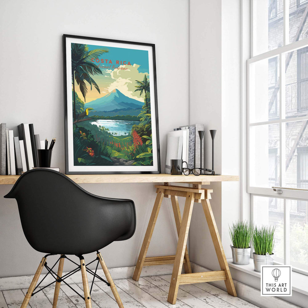 Costa Rica print featuring Arenal Volcano and tropical landscapes in a stylish home office setting.