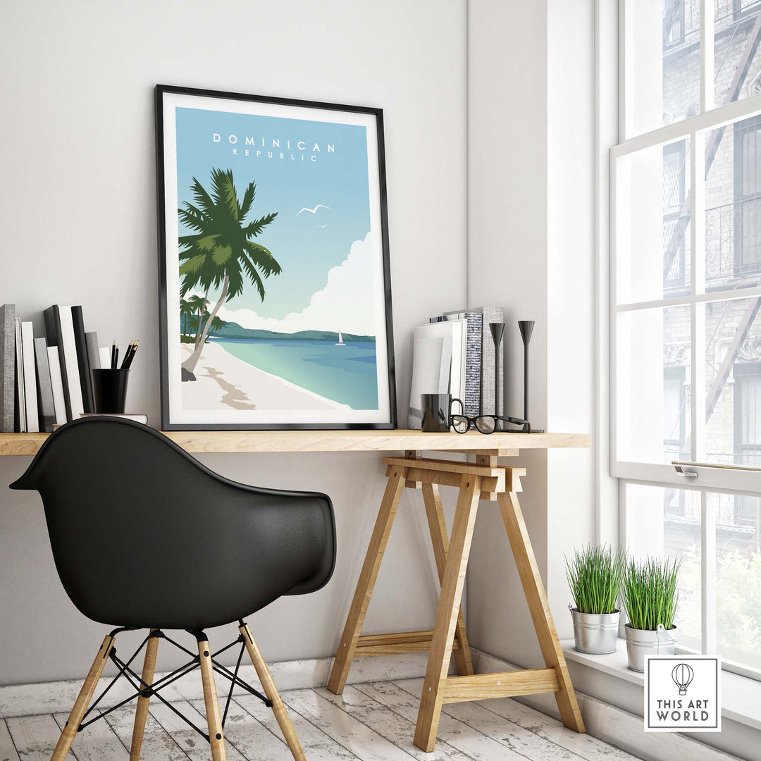 Vibrant Dominican Republic travel poster print in a stylish home office setting with coastal artwork.