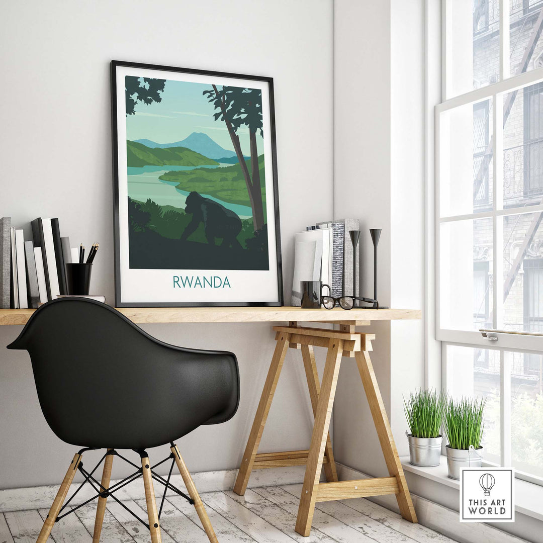 Rwanda Mountain Gorilla wall art print displayed in a modern home office setting with vibrant colors and natural decor.