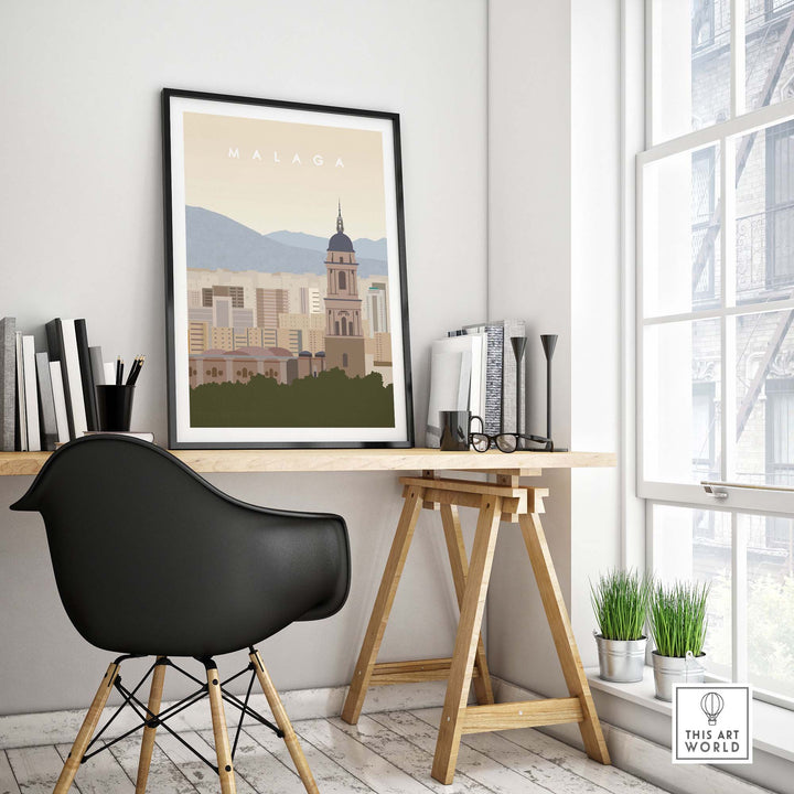 Malaga travel poster print displayed in a modern workspace, showcasing minimalist design and elegant home decor.