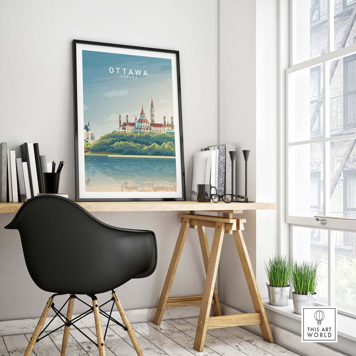 Ottawa Canada travel poster print displayed in a stylish home office setting with modern decor.