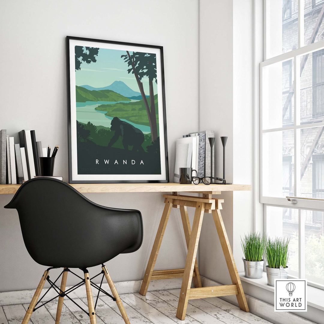 Rwanda travel poster print featuring mountain gorillas and scenic landscapes, perfect for safari-themed decor.