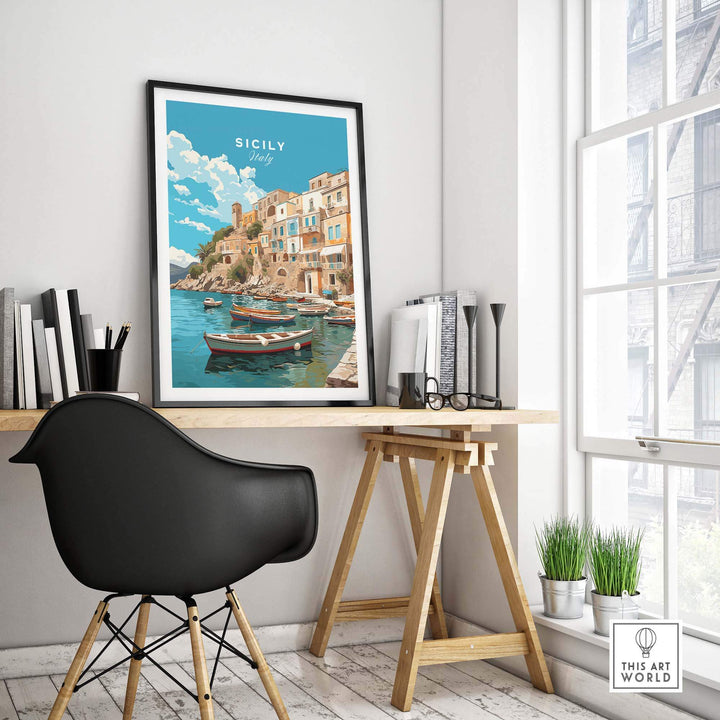 Sicily Wall Art Print showcasing a beautiful coastal scene with boats and colorful buildings, perfect for home decor.
