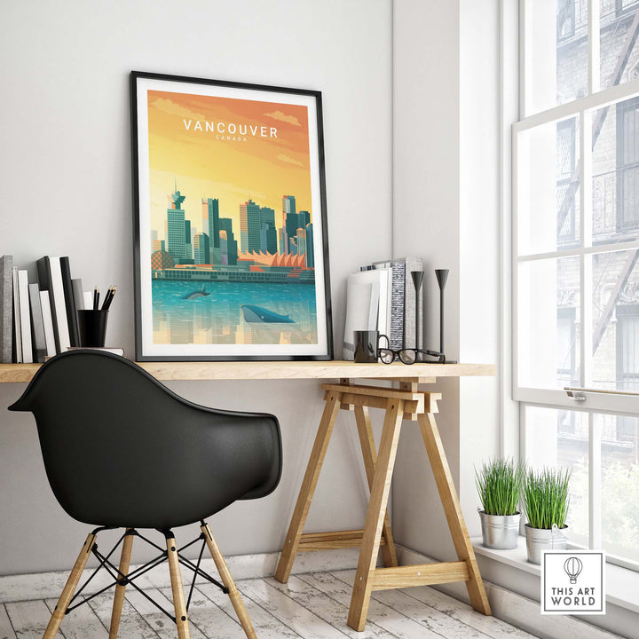 Vibrant Vancouver Canada travel poster print depicting whales in the bay and city skyline, perfect for home decor.