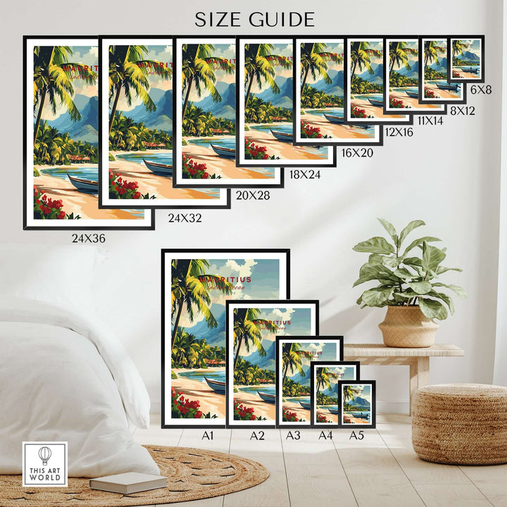 Size guide for Mauritius art prints featuring various frame dimensions and a tropical beach scene.