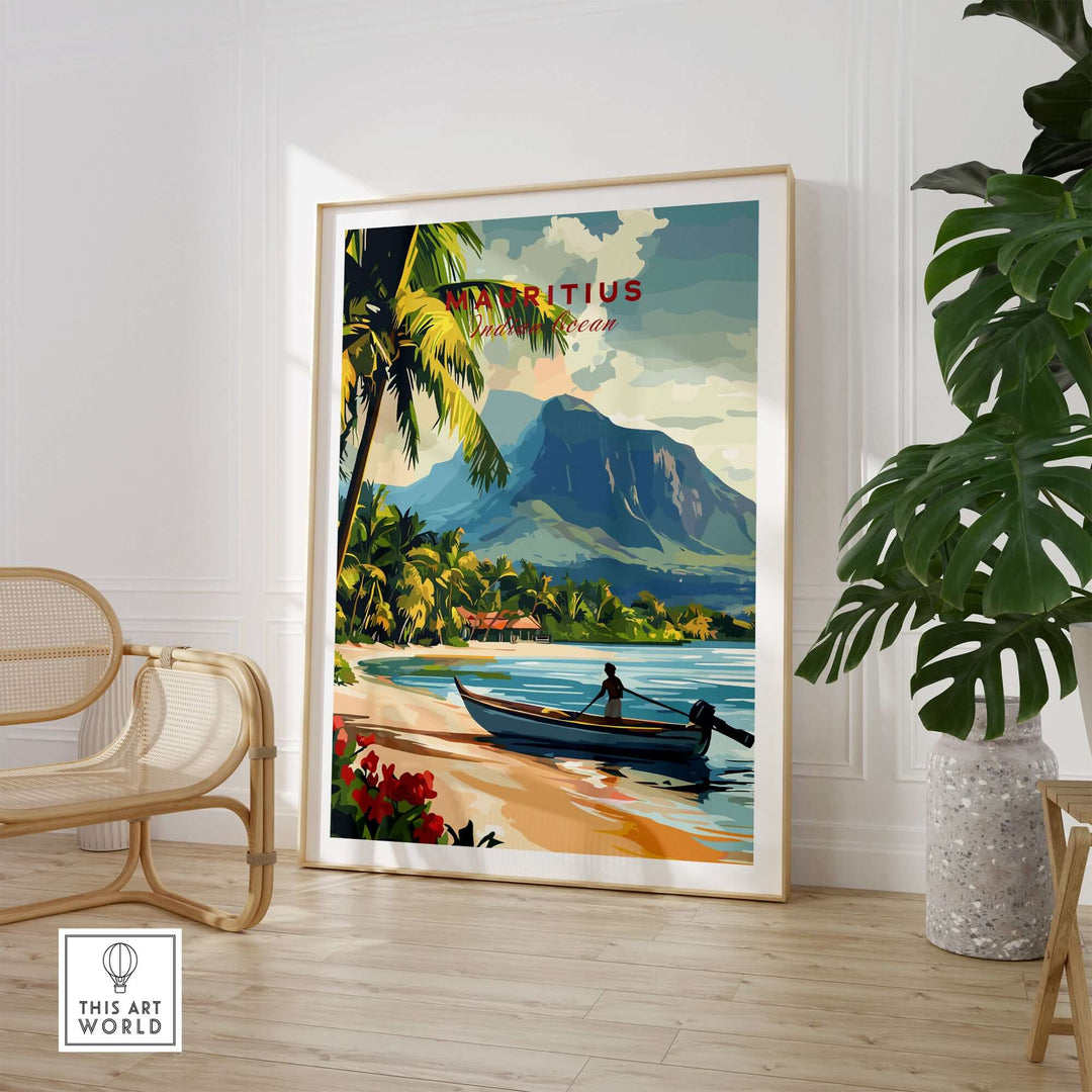 Mauritius beach scene wall decor featuring a boat, tropical leaves, and mountains for a tranquil home atmosphere.