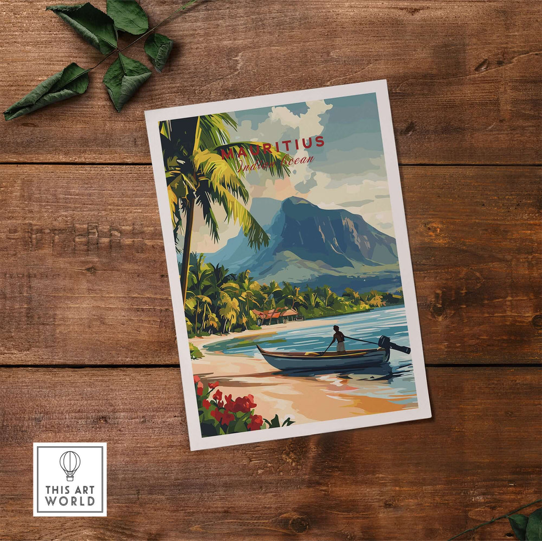 Mauritius beach scene art print featuring vibrant colors, palm trees, and a serene ocean view on wooden background.
