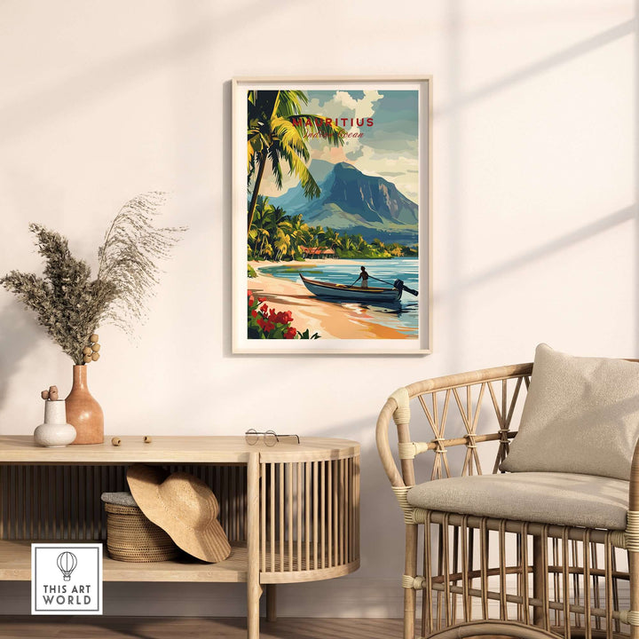 Beautiful Mauritius art print showcasing a beach scene, framed and stylishly displayed in a cozy interior.