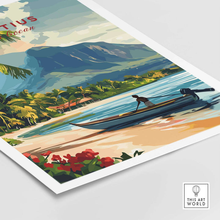 Vivid Mauritius beach scene print with tropical flowers and scenic mountains for wall decor.