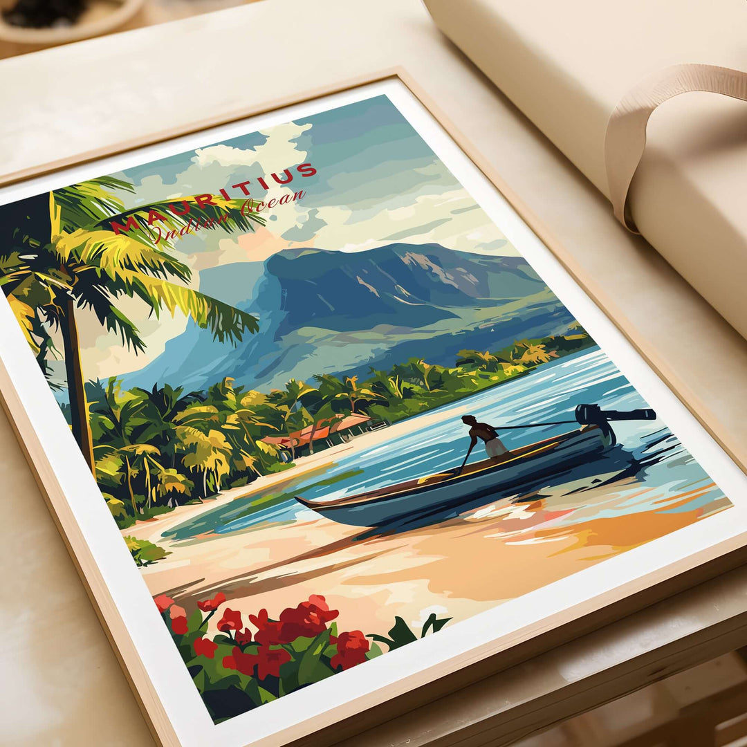Vivid Mauritius beach scene print featuring a boat and tropical scenery, perfect for island decor.