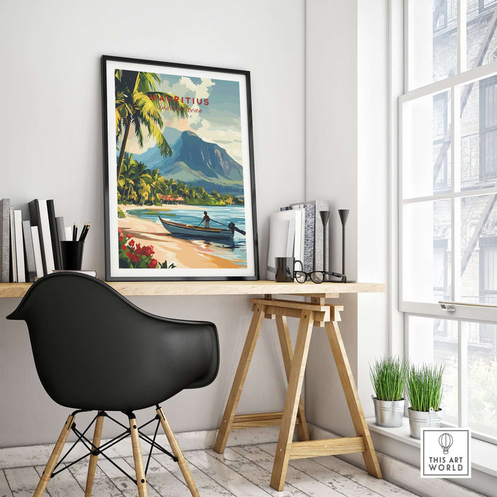 Mauritius art print featuring a beach scene with tropical flowers and mountains, displayed in a modern home office.