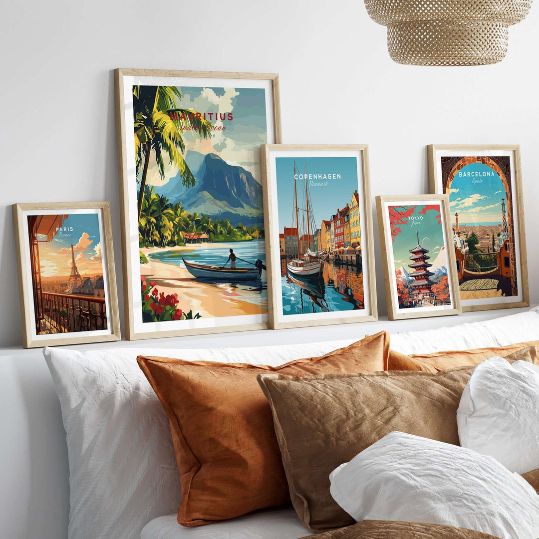 Gallery of tropical art prints featuring Mauritius, Copenhagen, and Barcelona on a stylish wall.
