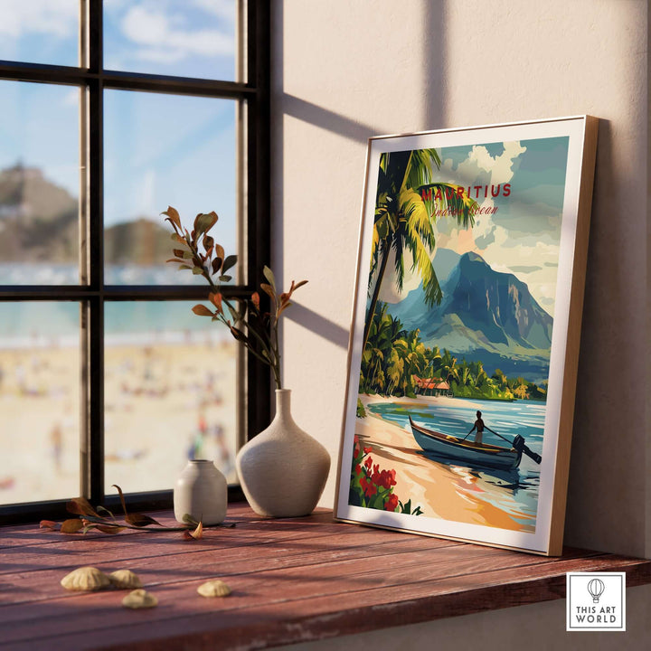 Framed Mauritius beach scene print showcasing tropical landscape and serene vibes in a cozy interior setting.