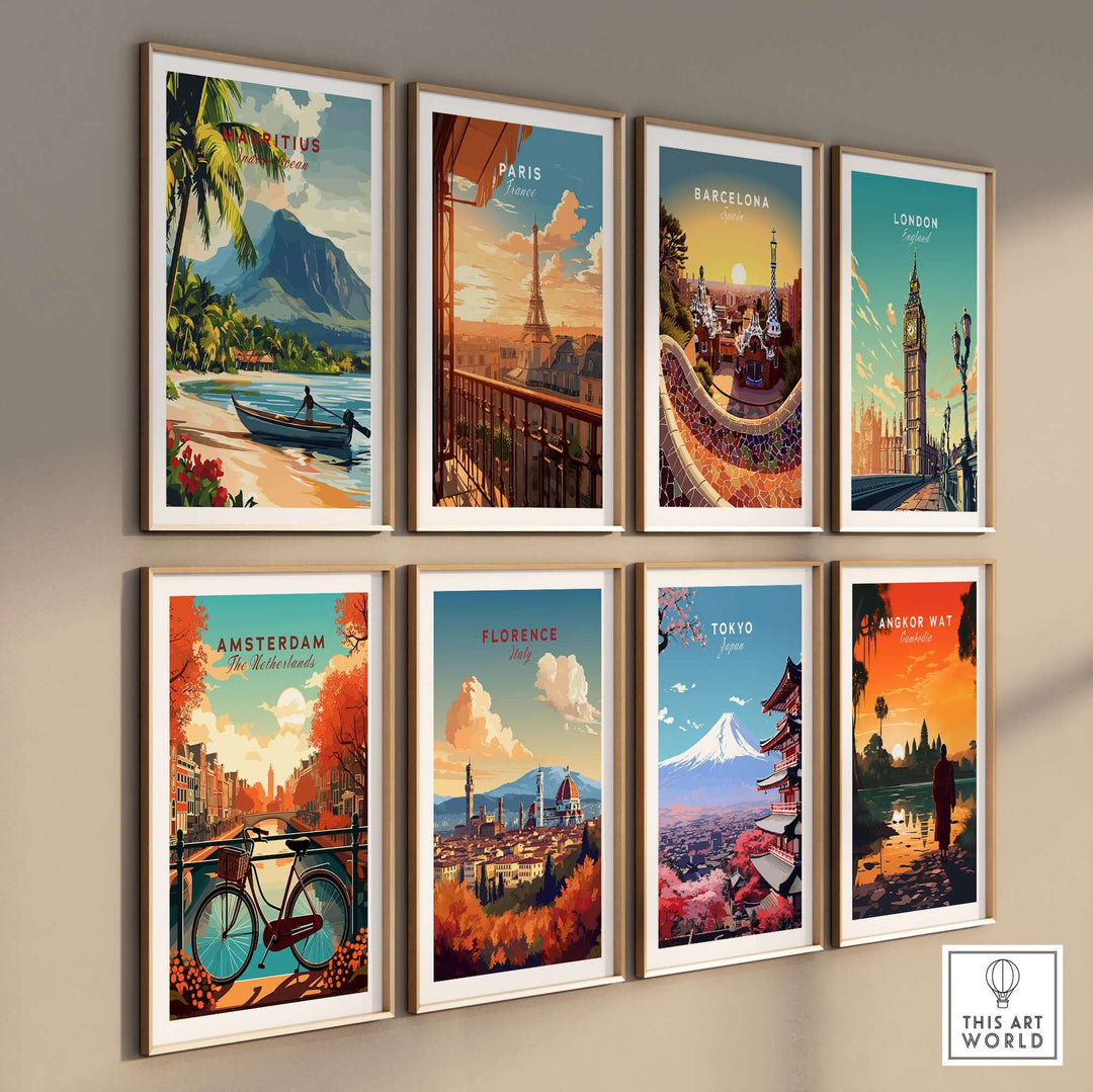 Gallery of vibrant travel art prints featuring famous cities like Paris, Tokyo, and Amsterdam as wall decor.