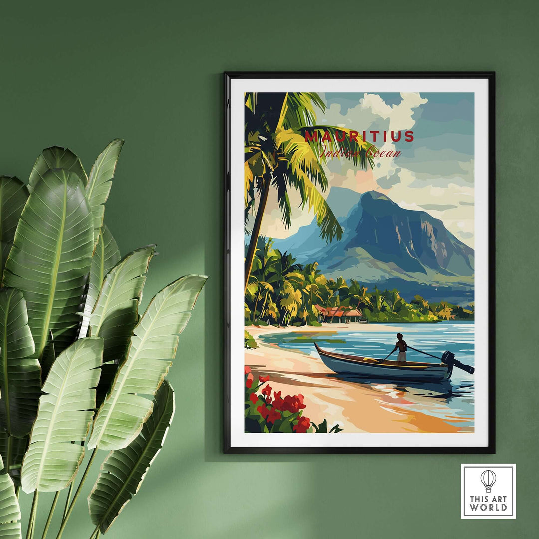 Vibrant Mauritius beach scene wall art featuring tropical plants and a serene coastal view.