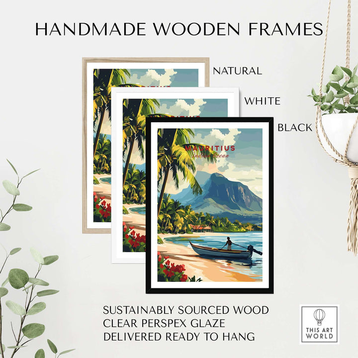 Handmade wooden frames in natural, white, and black colors showcasing vibrant Mauritius art print.