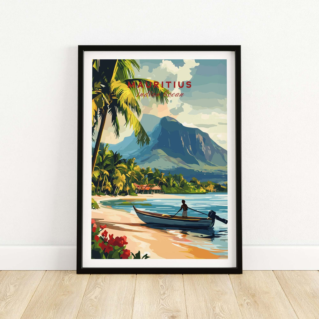 Framed Mauritius beach art print featuring a serene ocean scene with tropical plants and a boat.