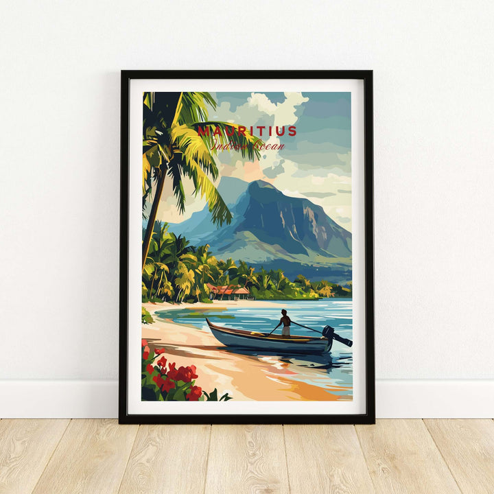 Framed Mauritius beach art print featuring a serene ocean scene with tropical plants and a boat.