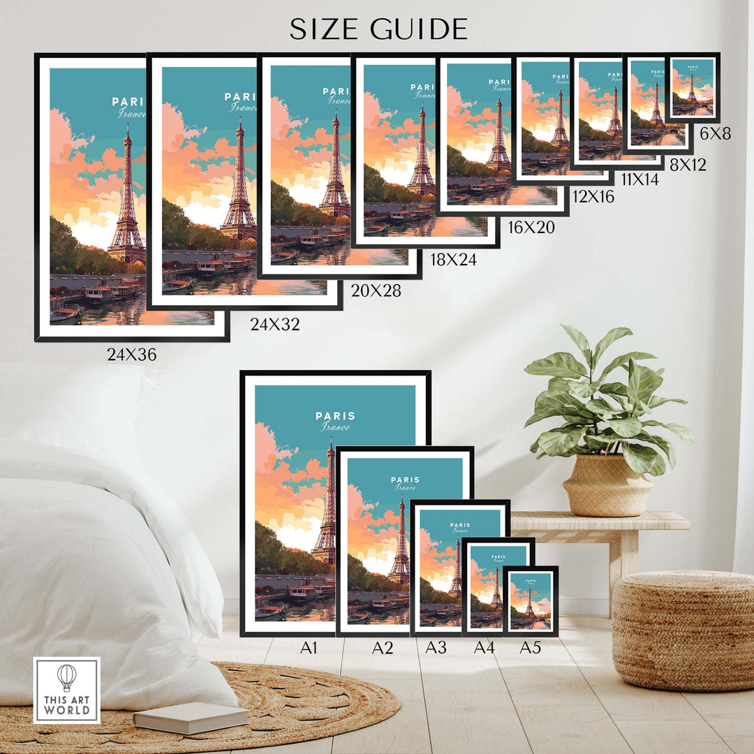 Size guide for Paris poster featuring the Eiffel Tower in various frame sizes, displayed in a cozy living space.
