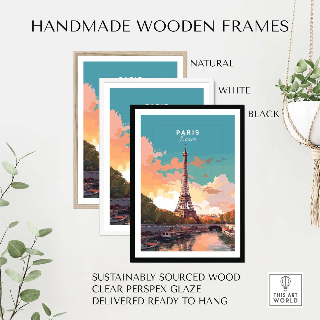 Handmade wooden frames in natural, white, and black for Paris poster with Eiffel Tower, ready to hang. Sustainable and stylish decor.