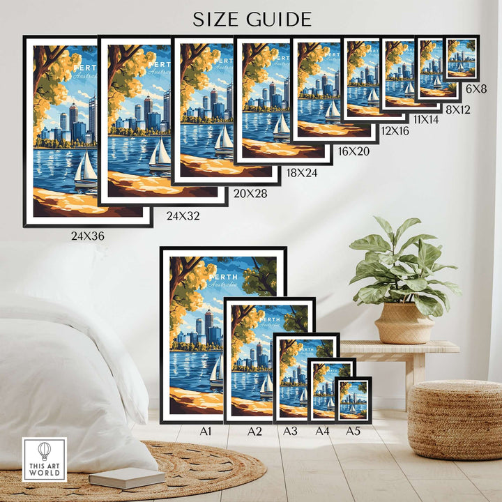 Size guide for Perth travel print showcasing various poster sizes for home decor inspiration.