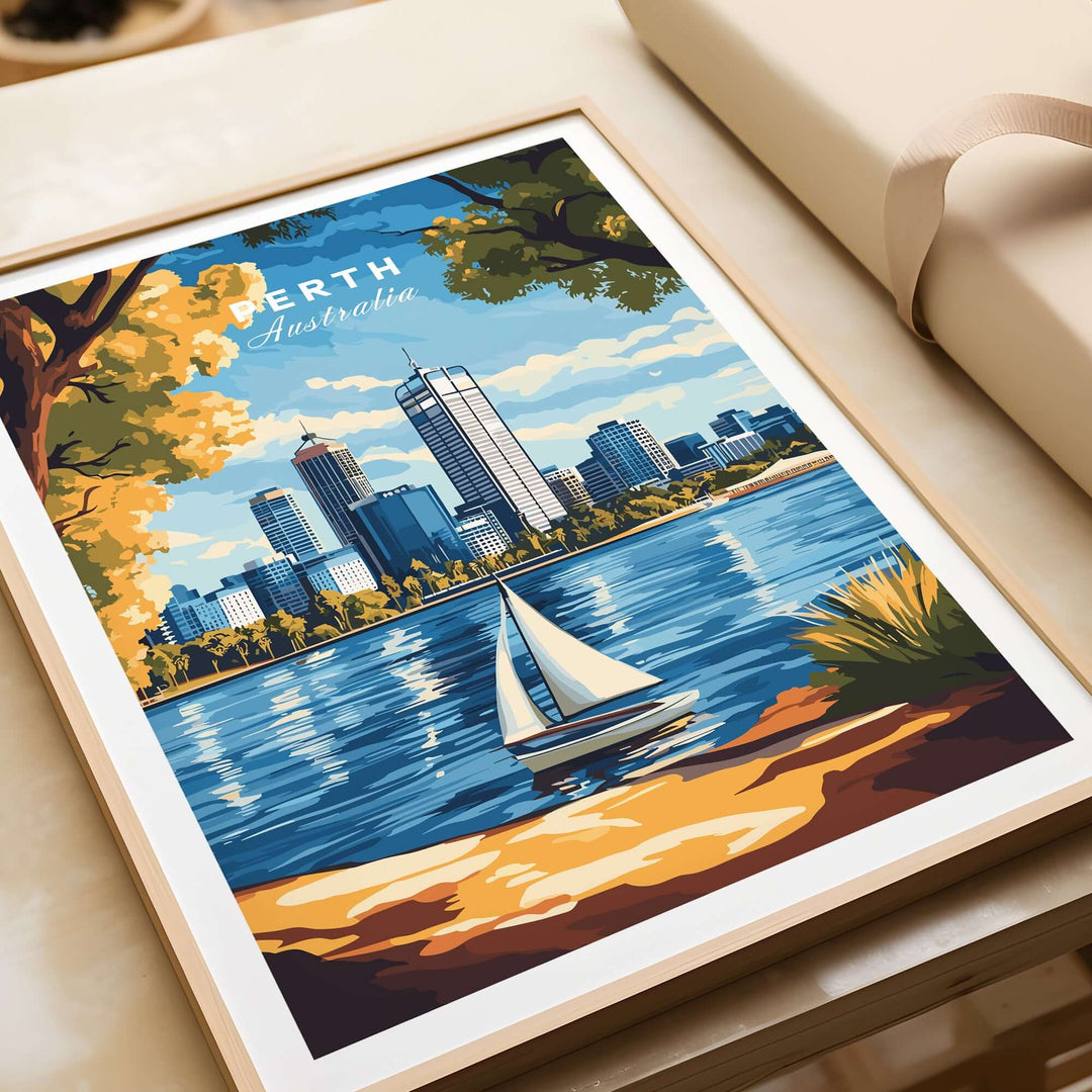 Framed Perth travel print showcasing the city skyline, river, and sailboat, ideal for home decor and travel inspiration.