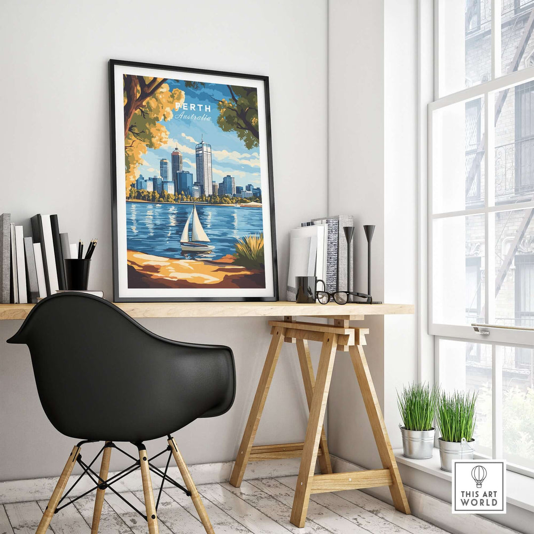 Perth travel print showcasing the city skyline and river view, perfect for home decor and travel inspiration.