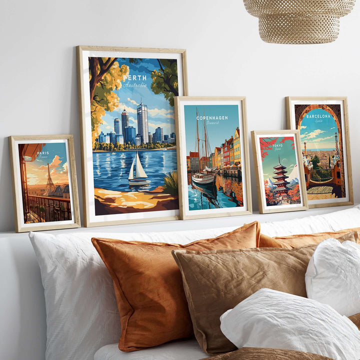 Framed Perth travel print showcasing urban skyline and scenic beauty, perfect for home decor and travel inspiration.