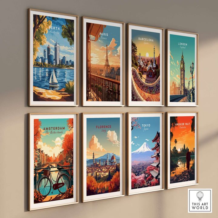 Collection of travel prints featuring iconic cities including Perth, Paris, Barcelona, and more, perfect for home decor.