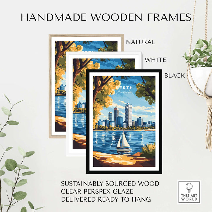 Handmade wooden frames in natural, white, and black finishes for Perth travel print art.