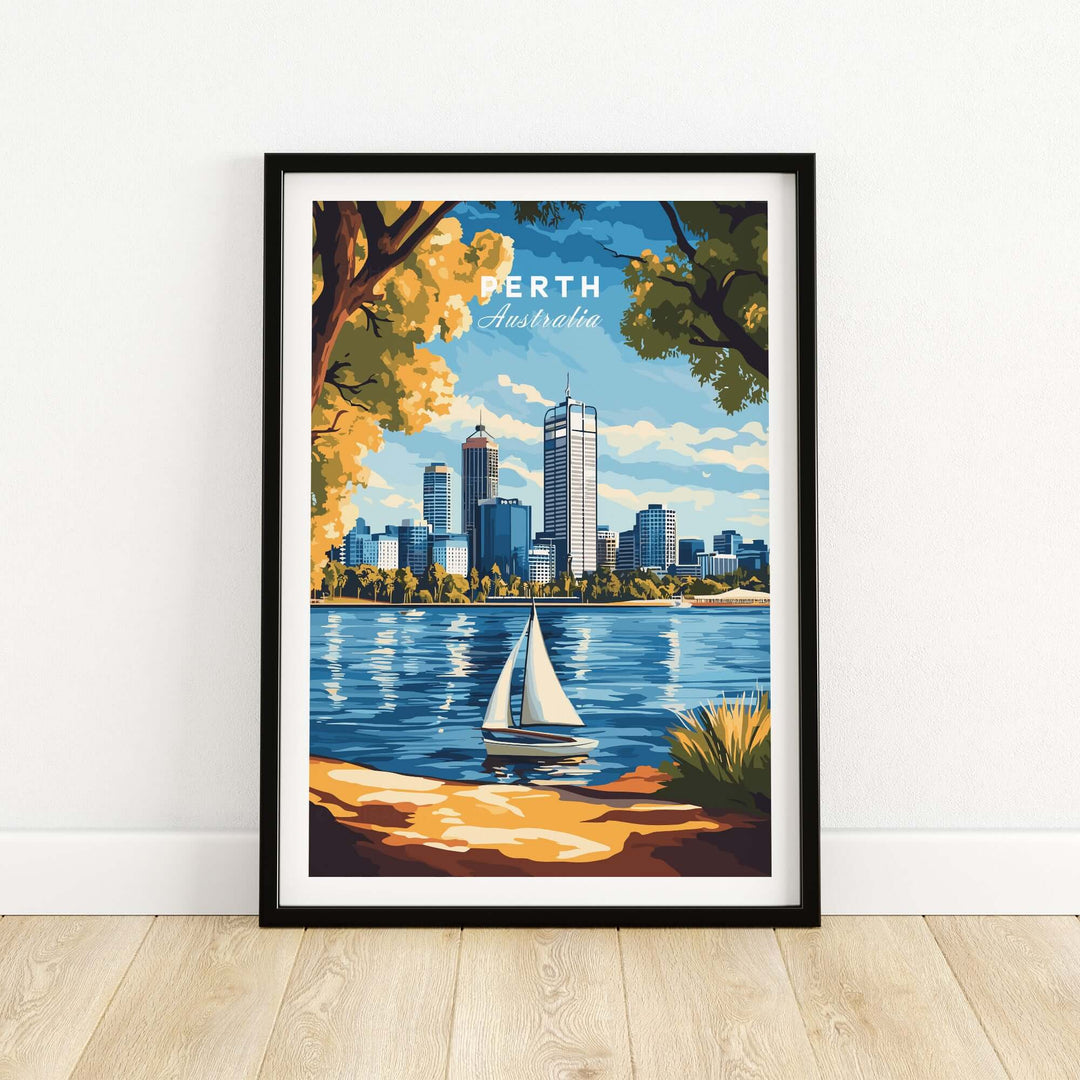 Perth travel print featuring skyline and sailboat, perfect for home decor and travel inspiration.