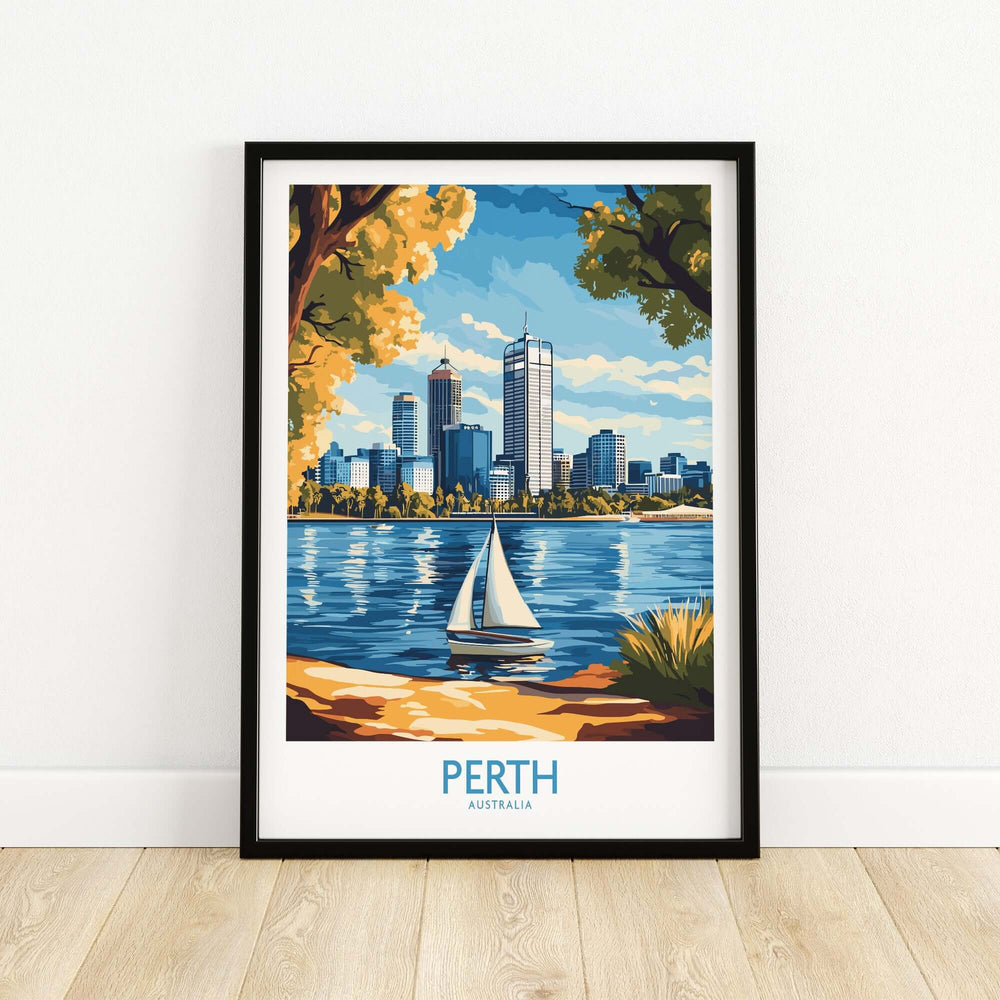 Framed Perth Wall Art Print showcasing a cityscape with a sailboat on the water, vibrant colors and modern design.