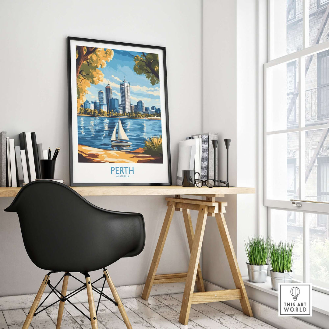 Perth Wall Art Print displayed in a modern office setting, featuring a vibrant cityscape and serene water scene.