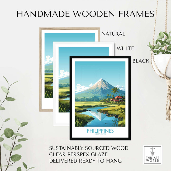 Handmade wooden frames in natural, white, and black for Philippine art print featuring Mount Mayon.