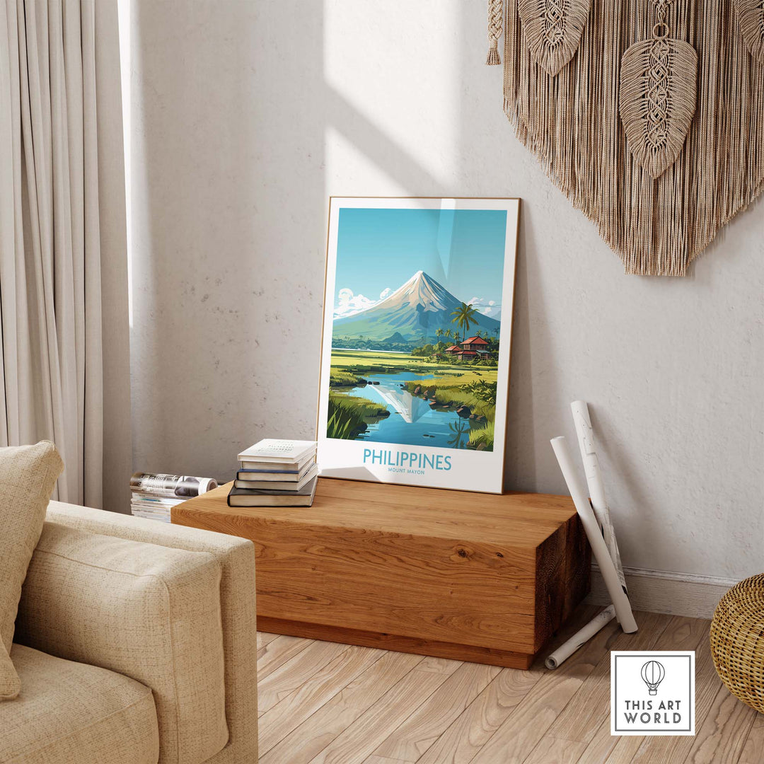 Philippines print featuring Mount Mayon in stylish decor setting, perfect for travelers or gallery walls.