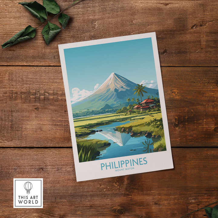 Modern travel poster of Mount Mayon in the Philippines, showcasing lush landscapes and vibrant colors.