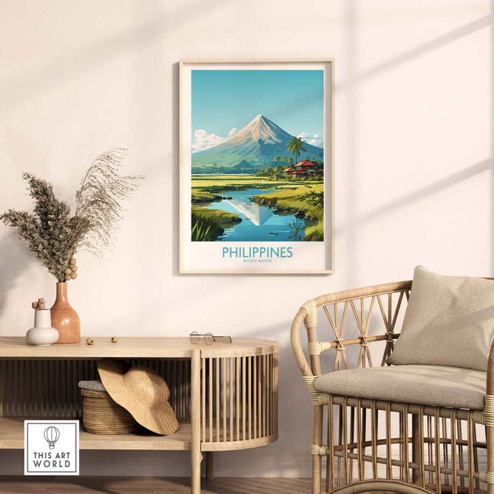 Modern Philippines print featuring Mount Mayon and tranquil scenery in a stylish living room setting.