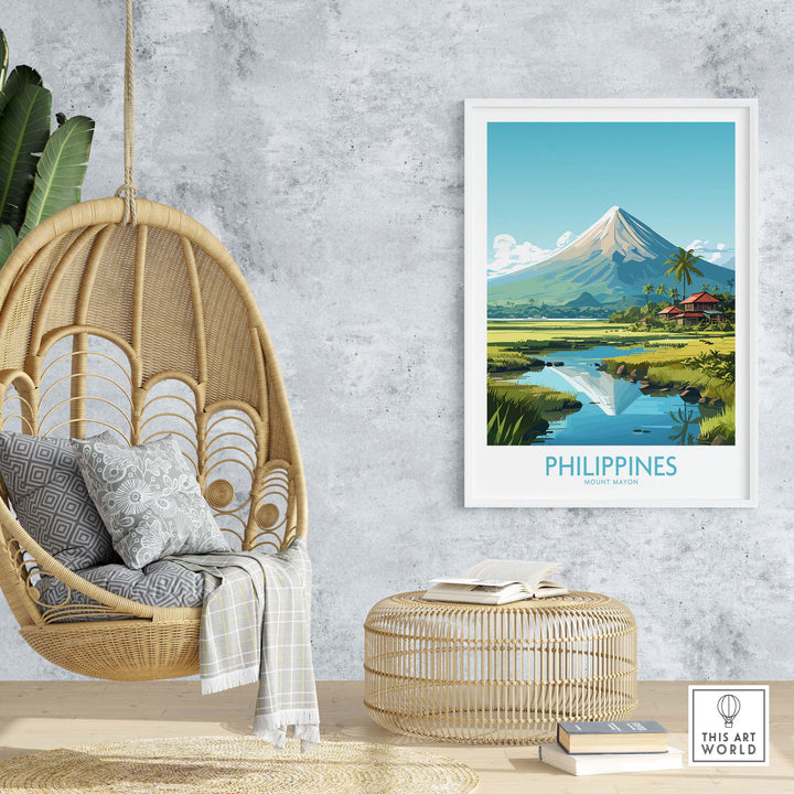 Modern Philippines print featuring Mount Mayon in vibrant colors, perfect for travel enthusiasts and home decor.