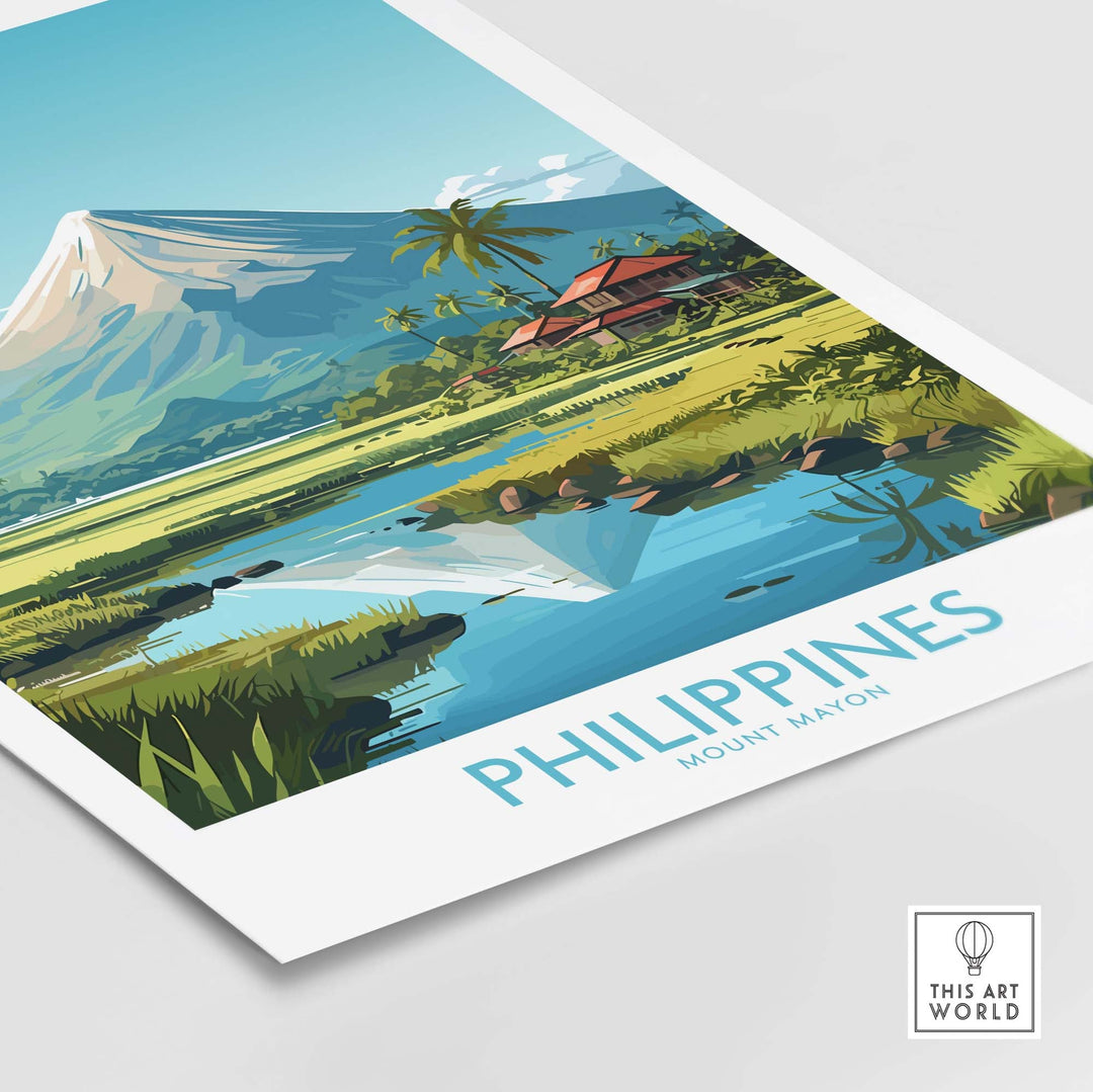 Philippines print of Mount Mayon with lush landscapes and vibrant colors, perfect for travel decor and gallery walls.
