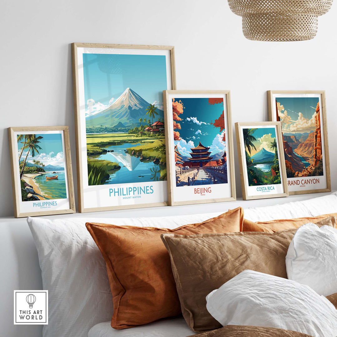 Modern travel posters featuring Philippines, Beijing, Costa Rica, and Grand Canyon displayed on a stylish wall.