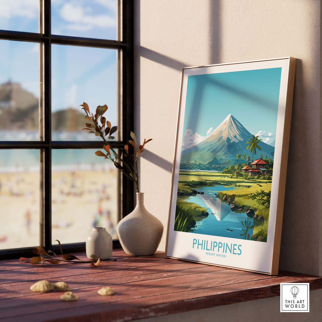 Philippines print featuring Mount Mayon, a travel poster capturing beautiful holiday moments.