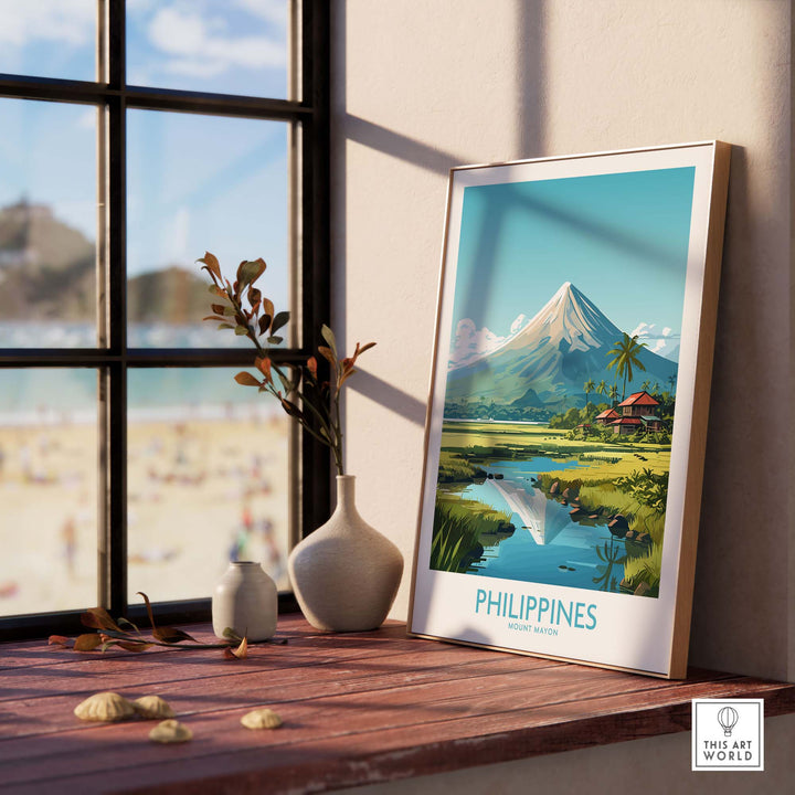 Philippines print featuring Mount Mayon, a travel poster capturing beautiful holiday moments.