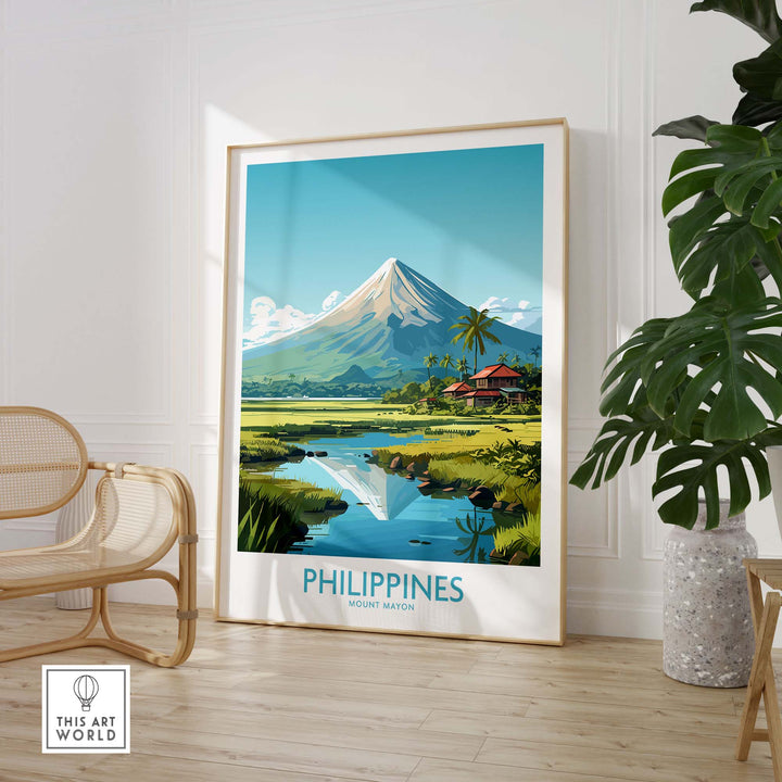 Philippines travel poster of Mount Mayon showcasing vibrant landscape and modern style in a cozy interior setting.