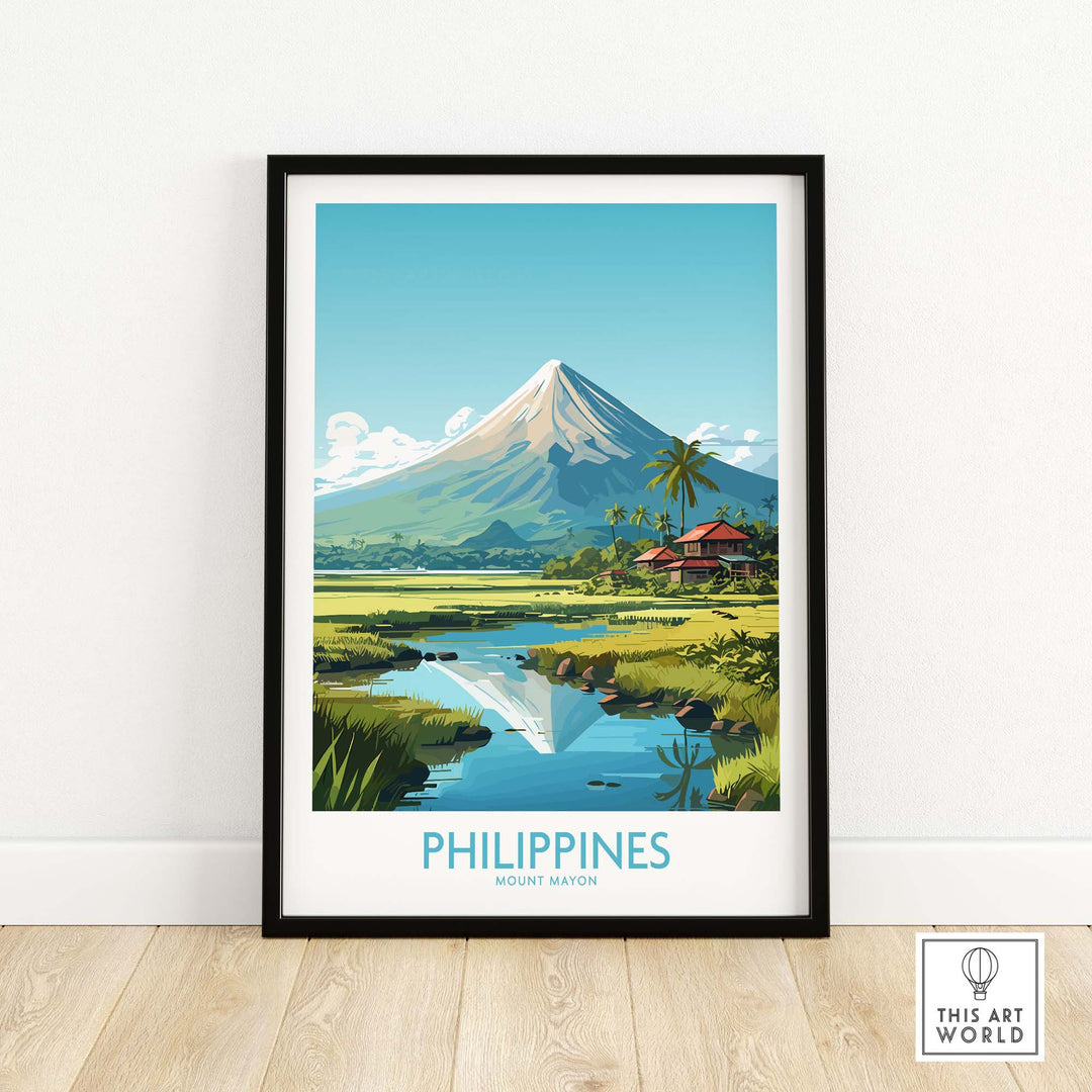 Philippines travel poster featuring Mount Mayon and a scenic landscape, ideal for travelers and home decor.