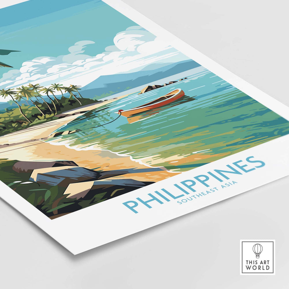 Colorful Philippines wall art print showcasing a serene beach with palm trees and a boat, ideal for tropical decor.